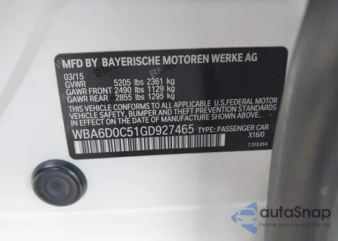 2016 BMW 640I Gran Coupe from USA, damaged, VIN WBA6D0C51GD927465